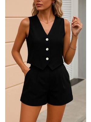 Emh Store Kadın Sıfır Kol Askılı V Yakalı Önden Düğmeli Ithal Keten Ceket ve Short Ikili Takım