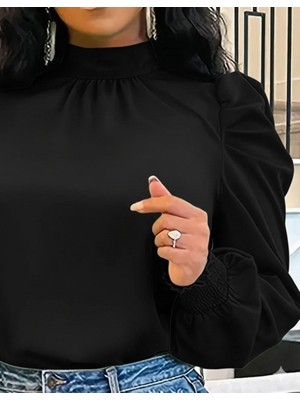 Emh Store Kadın Uzun Kollu Balıkçı Yaka Arkadan Bağlamalı Omuzlardan Balon Ithal Krep Bluz