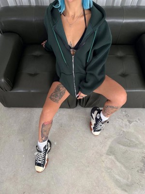 Emh Store Oversize Tam Fermuarlı Uzun Kol Hırka - Haki