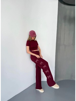 Emh Store Osy Modal Yumuşak Dokulu Kumaş Nakış Işlemeli Rahat Bol Paça Eşofman Pantalon - Bordo