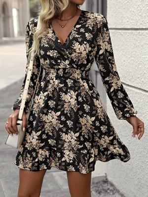 Emh Store Kadın Uzun Kollu Kruvaze Yaka Beli Gipeli Çiçek Desenli Kısa Dalgıç Elbise