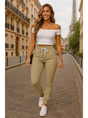 Emh Store Kadın Kısa Kollu Madonna Yaka Viskon Crop Bluz Cepli Iki Iplik Eşofman Takım