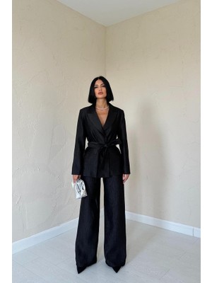 Emh Store Siyah Beli Kuşaklı Ceket ve Pantolon Parlak Takım