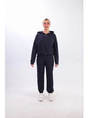 Emh Store Iki Iplik Kapüşonlu Fermuarlı Crop Oversize Hırka Takım- Lacivert
