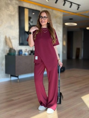 Emh Store Kadın Kısa Kollu Bisiklet Yaka Asimetrik Viskon Iki Iplik Bluz ve Pantolon Ikili Takım