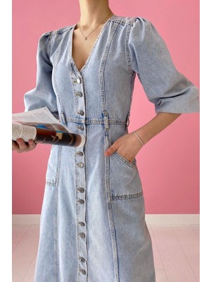 Emh Store Kar Yıkama Balon Kol Kot Elbise