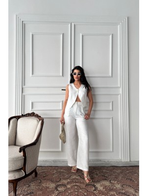 Emh Store Keten Tek Düğme Yelek-Pantolon Takım - Beyaz
