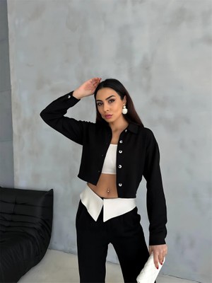 Emh Store Keten Gömlek-Crop-Salaş Pantolon Takım - Siyah