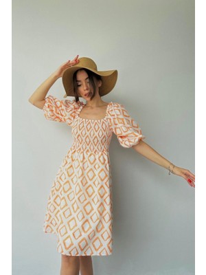 Emh Store Oranj Kare Desenli Yazlık Elbise