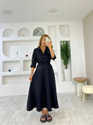 Emh Store Kadın Keten Kumaş Gömlek ve Etek Ikili Takim