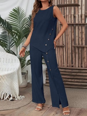Emh Store Kadın Kolsuz Düğmeli Asimetrik Detaylı Bürümcük Bluz ve Pantolon Takım