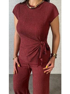 Emh Store Kadın Kısa Kollu Bisiklet Yaka Yandan Bağlamalı Bürümcük Bluz ve Pantolon Ikili Takım