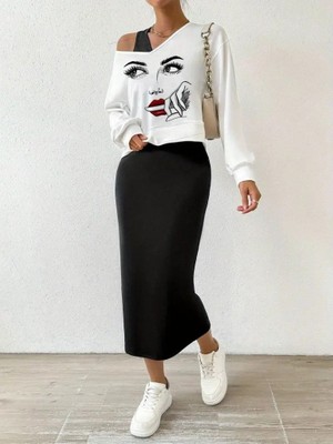 Emh Store Kadın Askılı Yuvarlak Yaka Viskon Iki Iplik Elbise ve V Yakalı Bluz Ikili Takım