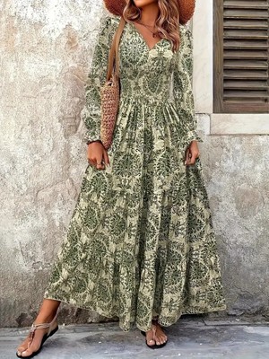 Emh Store Kadın Uzun Kollu V Yakalı Desenli Süprem Elbise