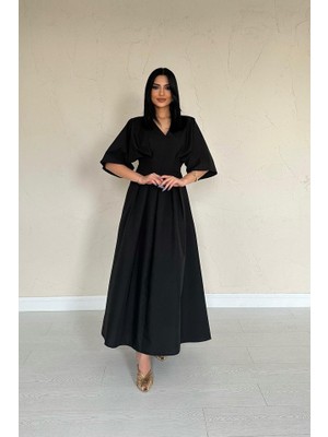 Emh Store Siyah Pileli Uzun Elbise