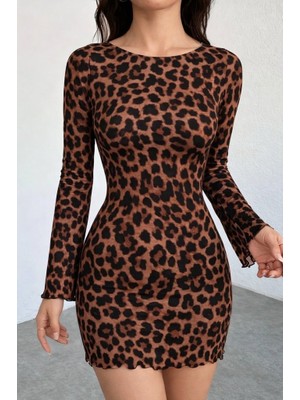 Emh Store Kadın Uzun Kollu Bisiklet Yaka Leopar Desenli Dalgıç Mini Elbise