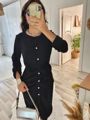 Emh Store Kadın Uzun Kollu Önden Düğmeli Beli Kuşaklı Aerobin Midi Elbise