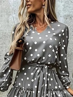 Emh Store Kadın Uzun Kollu V Yakalı Belden Kuşaklı Puantiyeli Mini Modal Elbise