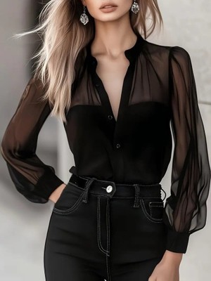 Emh Store Kadın Uzun Kollu Hakim Yakalı Önden Düğmeli Tül Detaylı Trikoton Gömlek