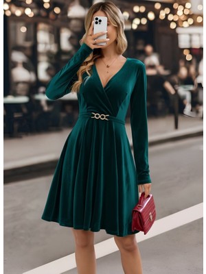 Emh Store Kadın Uzun Kollu Kruvaze Yakalı Toka Detaylı Mini Kadife Elbise