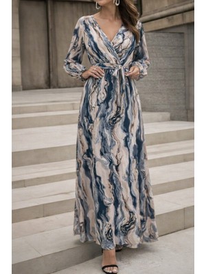 Emh Store Kadın Uzun Kollu Kruvaze Yakalı Beli Kuşaklı Desenli Süprem Maxi Elbise