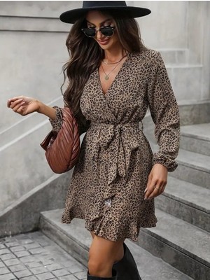 Emh Store Kadın Uzun Kollu Kruvaze Yakalı Kuşaklı Desenli Kısa Modal Mini Elbise