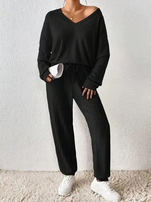Emh Store Kadın Uzun Kollu V Yakalı Kaşkorse Bluz ve Pantolon Ikili Takım