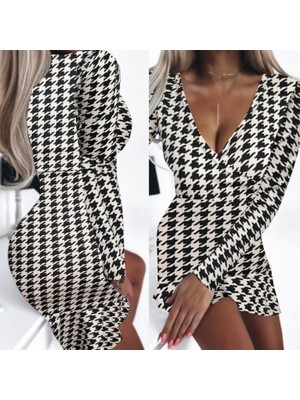 Emh Store Kadın Uzun Kollu Kruvaze Yaka Kazayağı Mikro Mini Boy Elbise