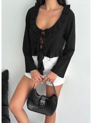 Emh Store Keten Uzun Kol Bağacık Detaylı Bluz - Siyah