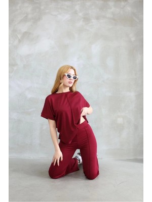Emh Store Osy Modal Yumuşak Dokulu Kumaş Bisiklet Yaka Kısa Kollu Takım - Bordo