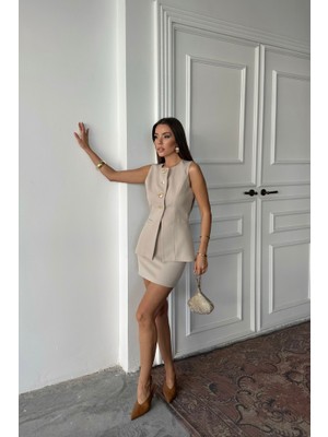 Emh Store Klasik Gold Düğmeli Yelek - Kısa Etek Takım - Bej