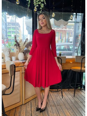 Emh Store Kadın Kare Yaka Truvakar Kol Fırsat Ürün Midi Boy Elbise