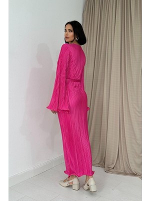 Emh Store Fuşya Ispanyol Kol Piliseli Elbise