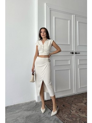 Emh Store Bej Keten Gömlek ve Etek Takım