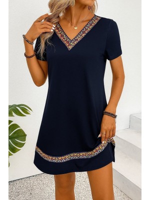 Emh Store Kadın Kısa Kollu V Yakalı Etnik Desen Şerit Detaylı Viskon Elbise