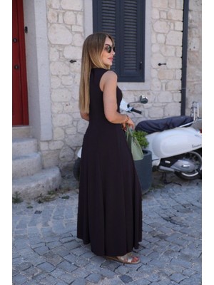 Emh Store Kadın Sıfır Kollu Bisiklet Yaka Viskon Elbise