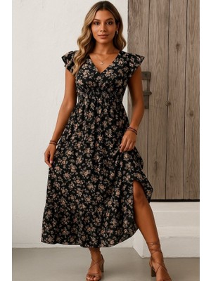 Emh Store Kadın Kısa Kollu Kruvaze Yaka Beli Lastikli Çiçek Desenli Elbise