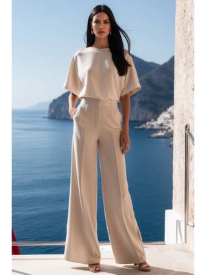 Emh Store Kadın Kısa Kollu Bisiklet Yaka Bluz Yüksek Bel Cep Detaylı Pantolon Atlas Ikili Takım