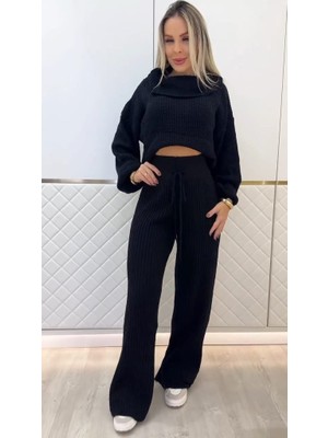 Emh Store Kadın Uzun Kollu Balıkçı Yaka Kısa Triko Bluz ve Pantolon Ikili Takım