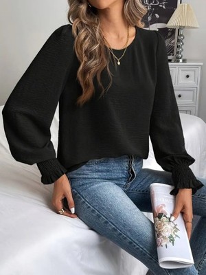 Emh Store Kadın Uzun Kollu Yuvarlak Yaka Aerobin Bluz