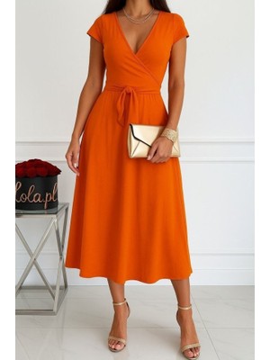 Emh Store Kadın Kısa Kollu V Yakalı Belden Kuşaklı Maksi Boy Viskon Elbise