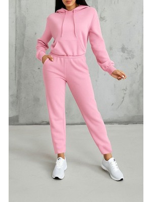 Emh Store Kadın Uzun Kollu Kapşonlu Bağcıklı Üç Iplik Bluz ve Pantolon Ikili Takım