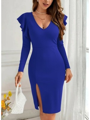 Emh Store Kadın Uzun Kollu V Yakalı Yandan Yırtmaçlı Midi Ithal Krep Elbise