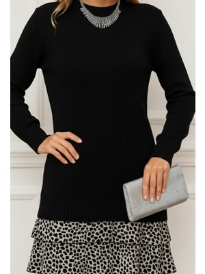 Emh Store Kadın Uzun Kollu Üst Şardonlu Kaşkorse Alt Süprem Desenli Elbise