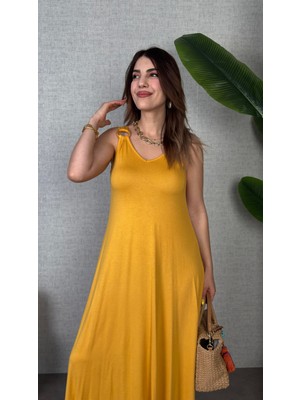 Emh Store Kadın Çan Dokuma Kumaş V Yaka Asimetrik Kesim Elbise