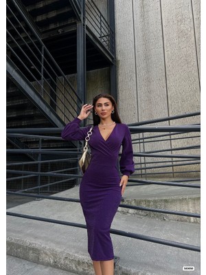 Emh Store Kadın Kruvaze Yaka Balon Kol Simli Krep Kumaş Midi Boy Elbise