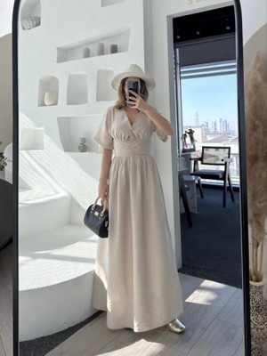 Emh Store Kısa Kollu Uzun Elbise - Kırık Beyaz