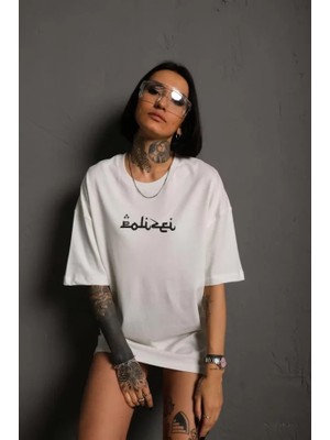 Emh Store Bisiklet Yakalı Sırt Baskılı Oversize T-Shirt - Beyaz