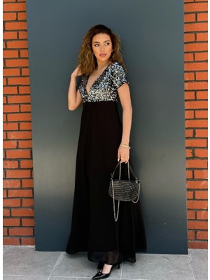 Emh Store Kadın Kısa Kollu Derin V Yakalı A Kesim Pulpayet Detaylı Şifon Nedime Elbisesi