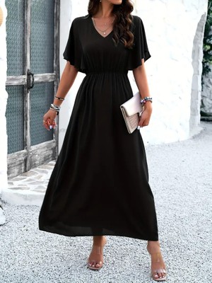 Emh Store Kadın Kısa Kollu V Yakalı Beli Lastikli Uzun Viskon Elbise